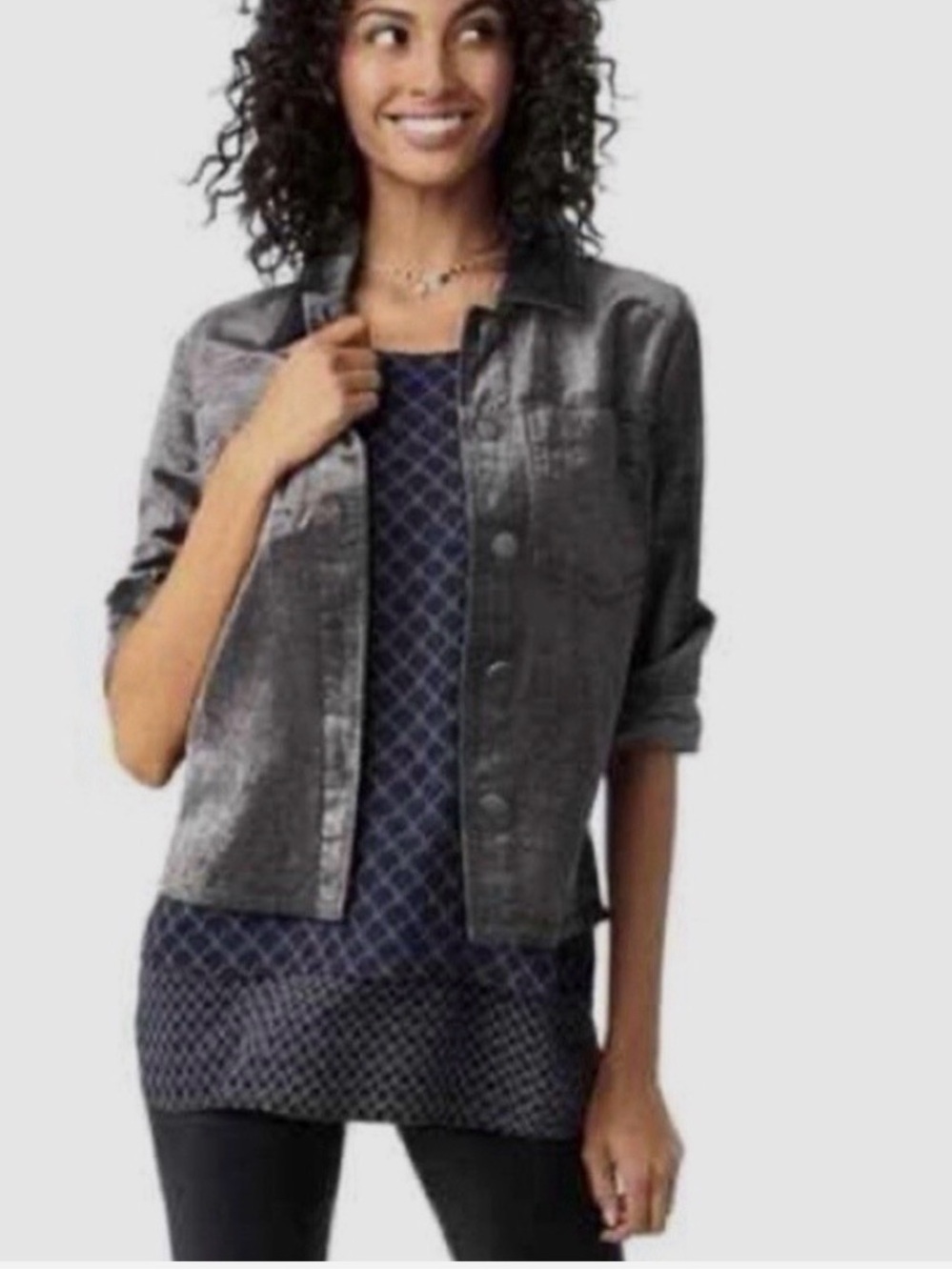 CAbi Tuesday Topper Charcoal Gray Velvet Shirt Jacket Buttons Front Women’s Sz M